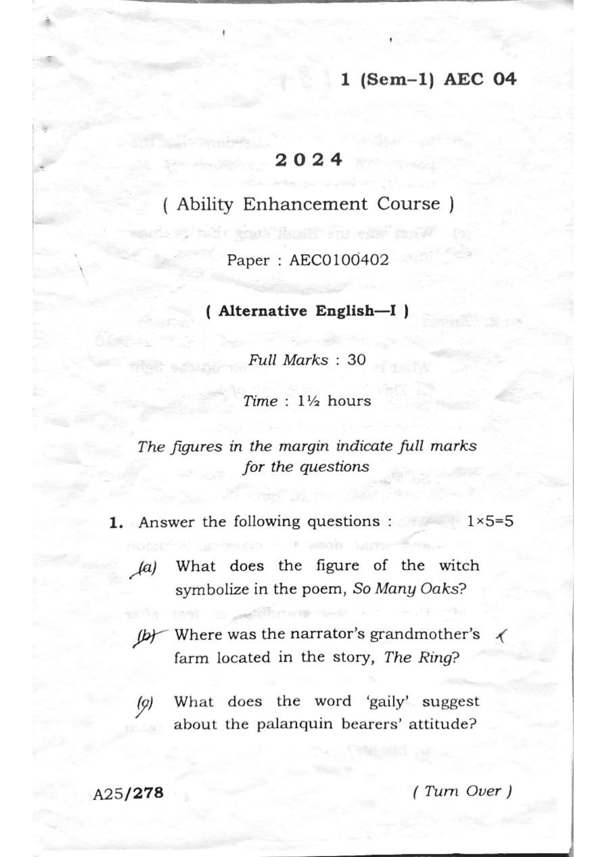 BA First Semester English Communication Question Paper 2024 Under Guwahati University Free PDF Download Page 1